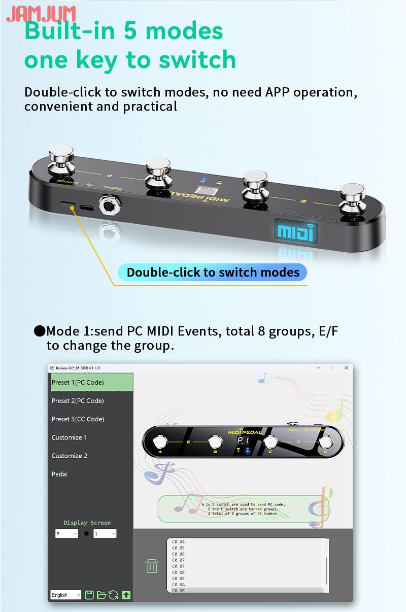 JAMJUM Wireless Midi Control Pedal with 4 Buttons, USB Rechargeable Battery, with APP, Portable Design for Music Production & Performance