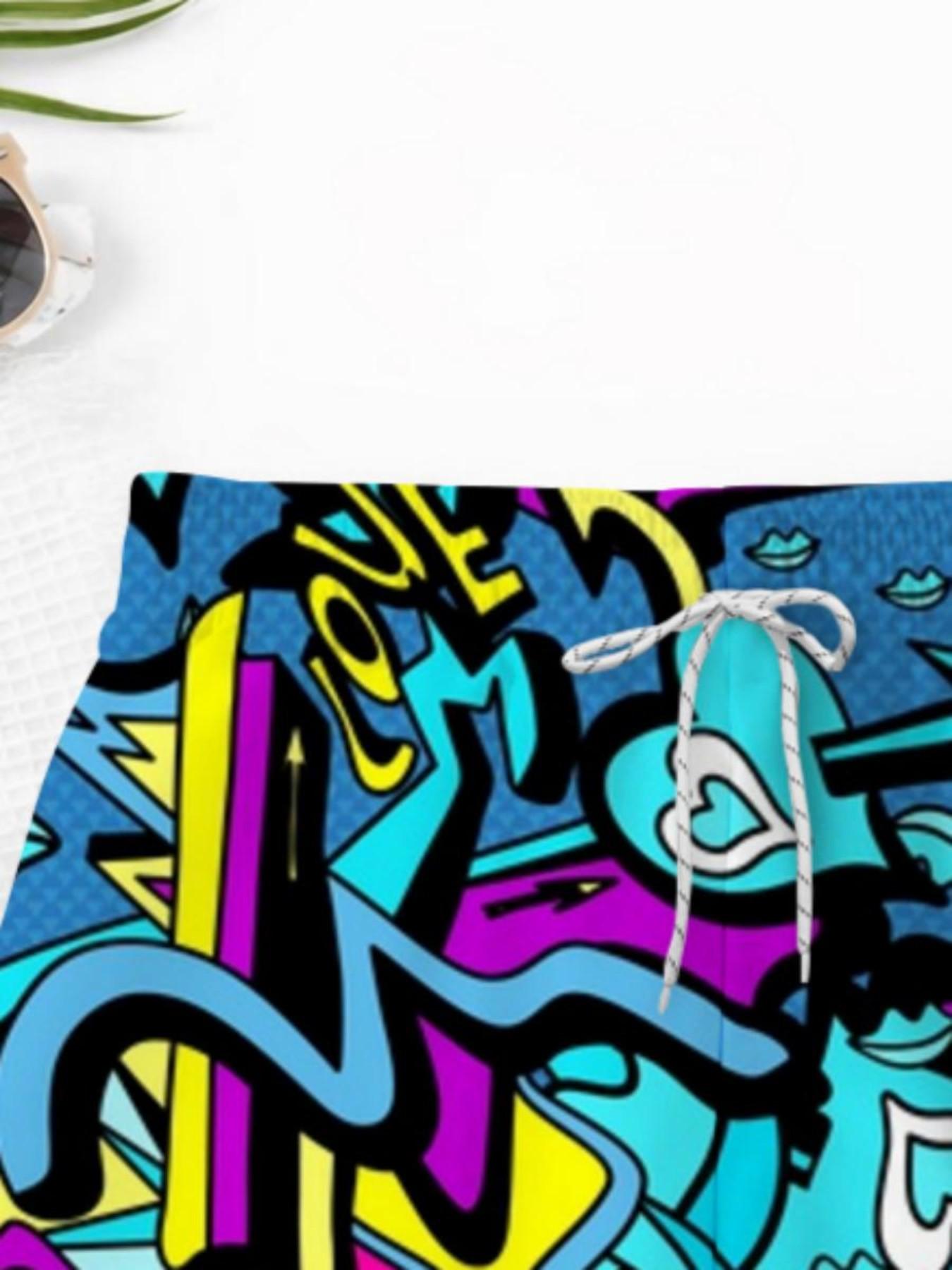 Summer Kids Street Graffiti Print Drawstring Beach Pants, Boys' Loose Fit Trendy Swim Trunks, Casual Short Beachwear for Children