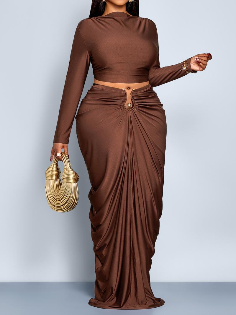 Elegant Women's Two-Piece Set, Fall & Winter High Waist Ruched Skirt, Long Sleeve Round Neck Top, Plain Color, Plus Size Fashion