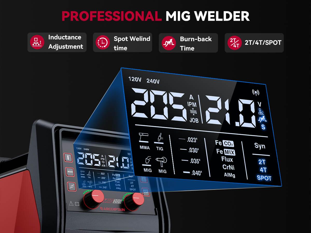 ARCCAPTAIN iControl MIG205 Pro MIG Welder 205A 110V 220V Gas MIG/Gasless Flux MIG/MMA Stick/Lift TIG/Spot Welding/Spool Gun Aluminum 6 in 1 Professional Welder Machine, APP Control Multi-process Welding Machine Tool Electric