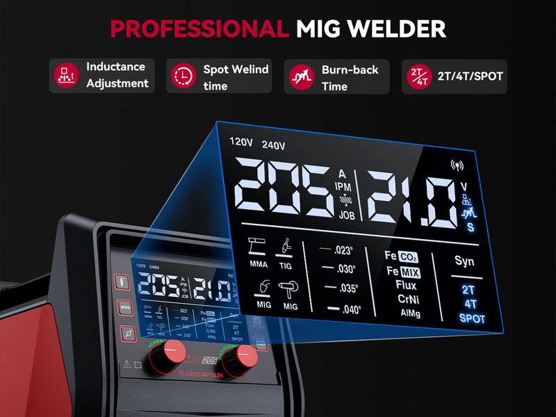 ARCCAPTAIN iControl MIG205 Pro MIG Welder 205A 110V 220V Gas MIG/Gasless Flux MIG/MMA Stick/Lift TIG/Spot Welding/Spool Gun Aluminum 6 in 1 Professional Welder Machine, APP Control Multi-process Welding Machine Tool Electric