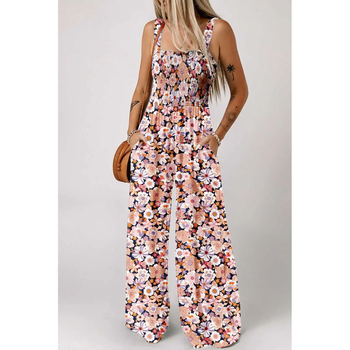 Black Floral Print Smocked High Waist Square Neck Jumpsuit Chic Evening