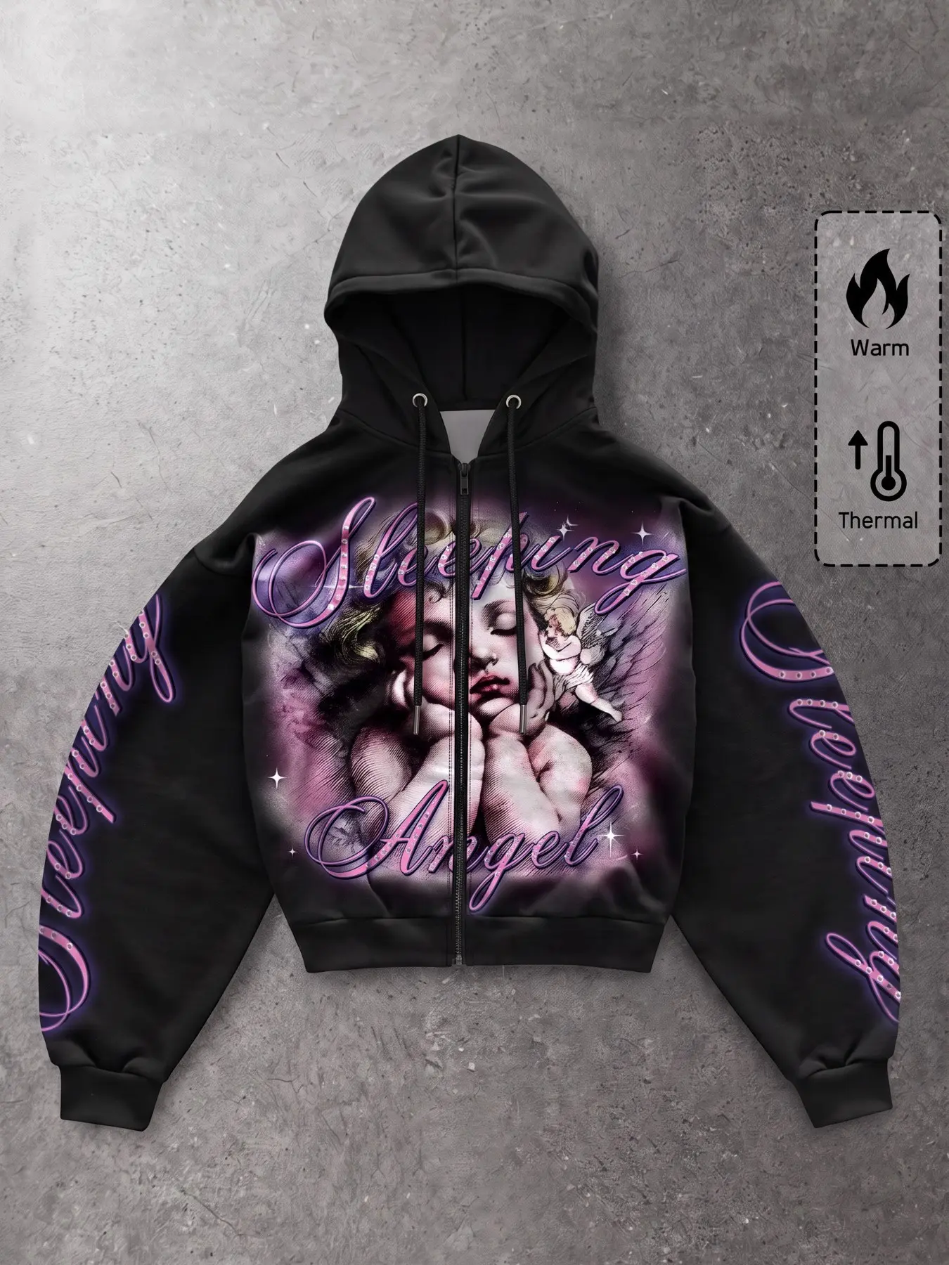 Men's Black Oversized Zip-Up Hoodie, Casual Streetwear Jacket with "Sleeping Angel" Neon Print, Retro Y2K Streetwear Outerwear for Fall, Campus Looks, Casual Outings, Parties, Travel, Night Outs, and Relaxed Y2K Aesthetic Styling