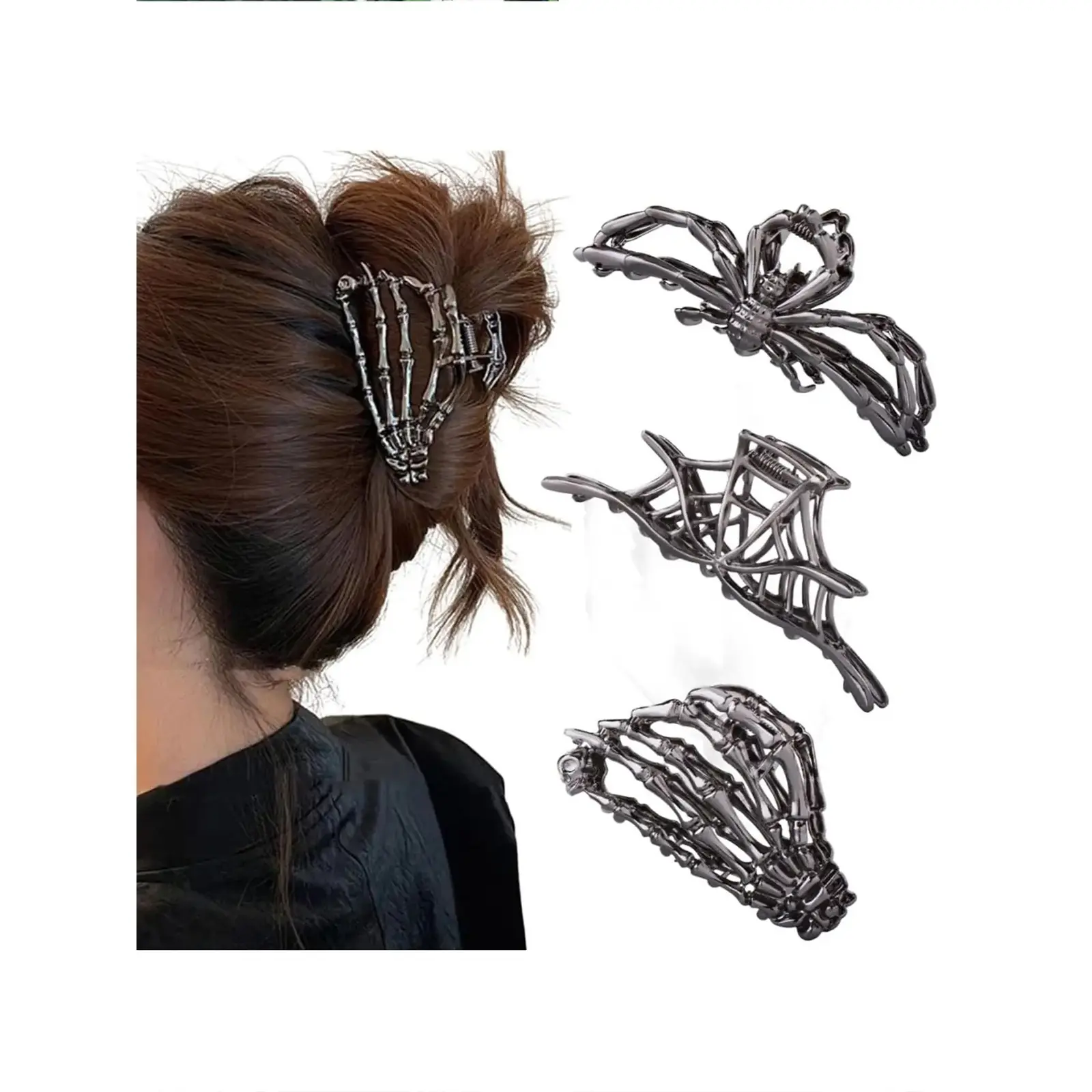 3 Pieces Gothic Dark Alloy Hair Grip Set, Multi Retro Bone & Mesh Arthropod Shaped Metal Hair Holders, Universal Size Fits Thick & Thin Hair, Dark Street Style Hair Styling Accessory For Women Girls Holiday Party Gift