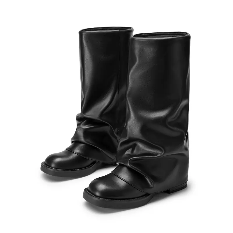 Athlefit Women's Slouchy Leather & Rubber Mid-Calf Boots, Wide Calf Retro Casual Slip On with Square Toe and Platform Cushion, Pull On, Shock Resistant tiktokshopbacktoschool, Party, Soft Slouchy Upper,back to school,back to school haul
