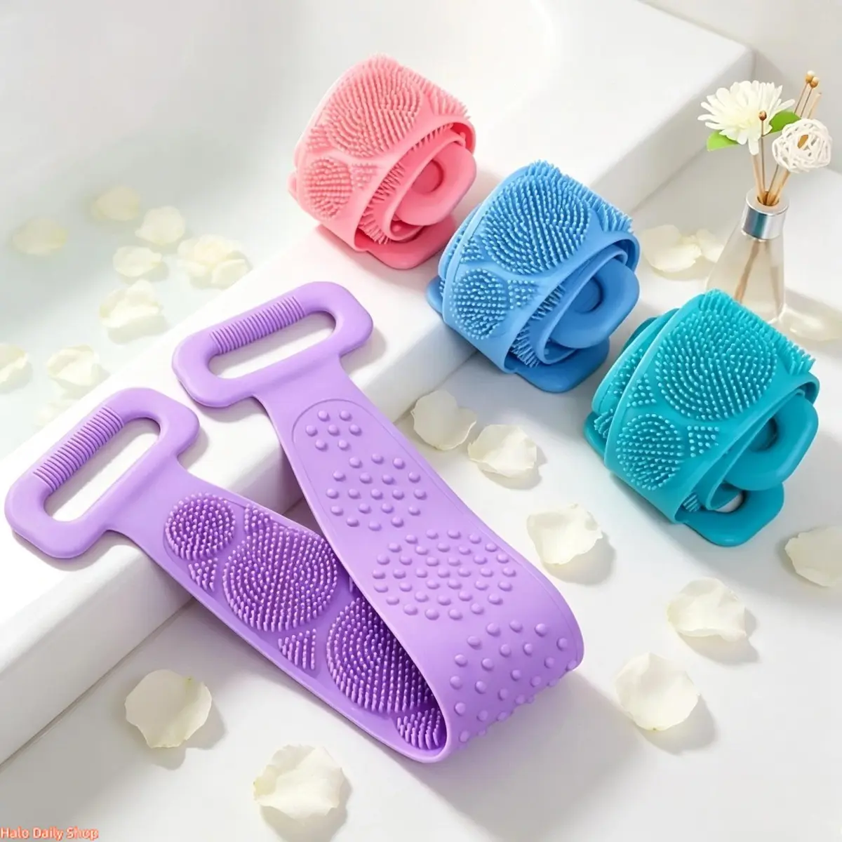 Silicone Back Scrubber for Shower Long Handle Double Sided Body Brush Exfoliating Massage Washer Strap Suitable for All Skin Types