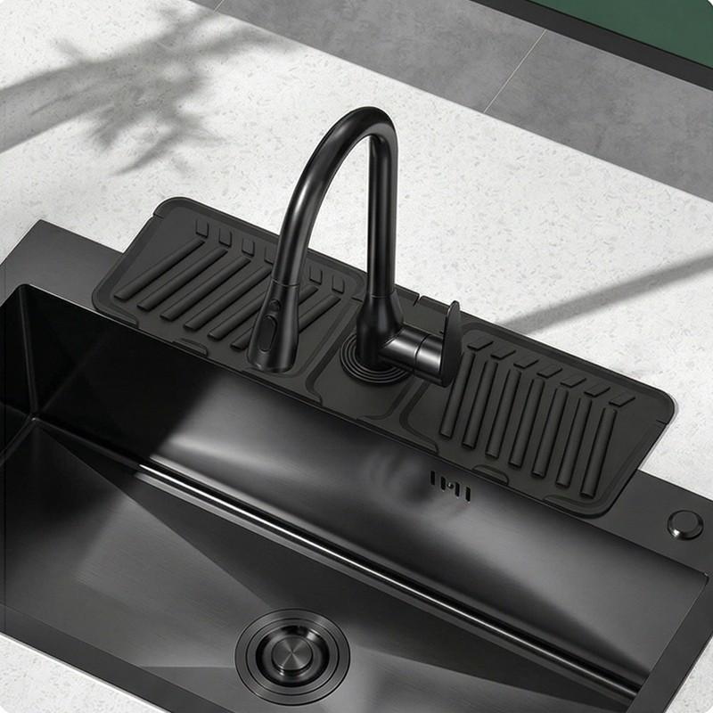 1pc Silicone Sink Faucet Splash Guard with Sloped Drainage, High Backing Water Catcher Mat, Non-Slip Sink Organizer Tray for Soap & Sponge, Waterproof Countertop Protector for Kitchen & Bathroom