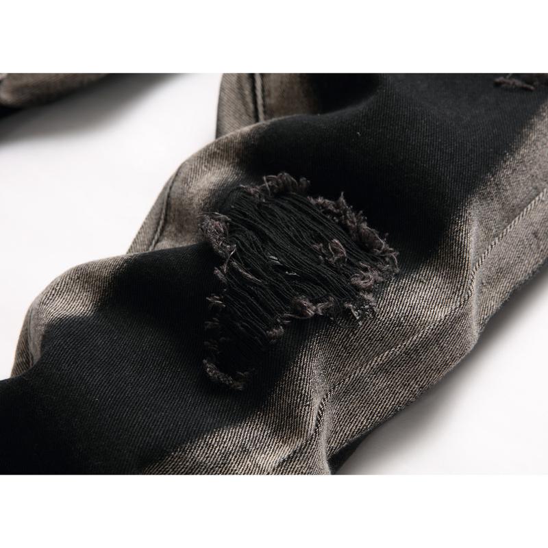 Boy's Embroidered Skinny Jeans Slim Fit Ripped Destroyed Distressed Fashion Denim Pants Black Jeans