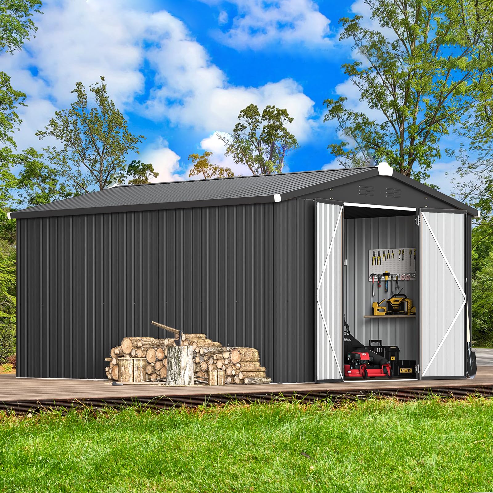 【3 Packages Shipping】Large Heavy-Duty Metal Storage Shed - Extra Large Steel Outdoor Shed with Lockable Doors for Garden Tools, Workspace & Utility Storage