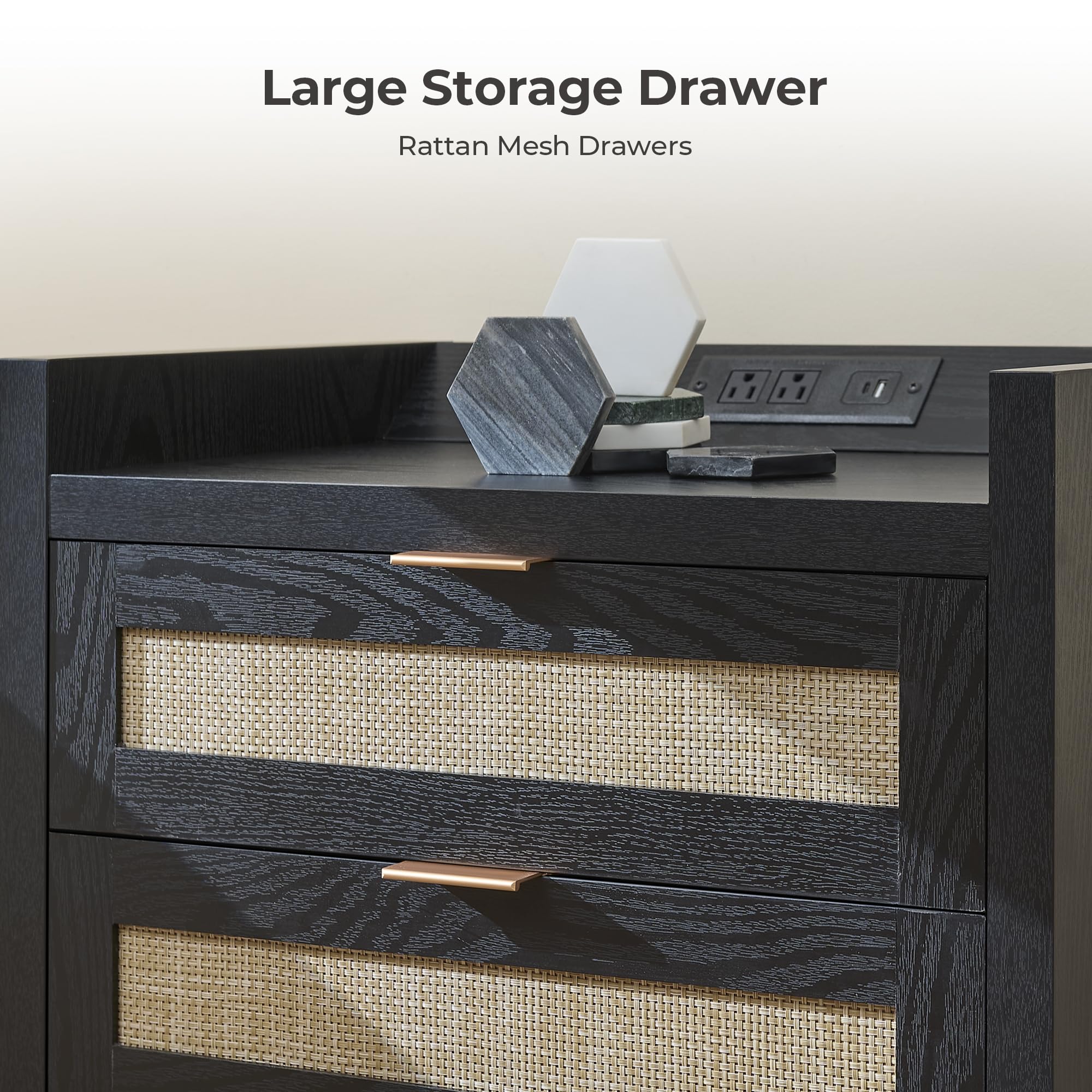 SICOTAS Larger Rattan Night Stand - 15.4"D x 24.8"W x 26.5"H Nightstands with Type-C Charging Station, 3 Rattan Mesh Drawers, Usb port Boho Bedside Table End Table with Storage for Bedroom Sofa Couch Office, Robust and Stylish, Durable