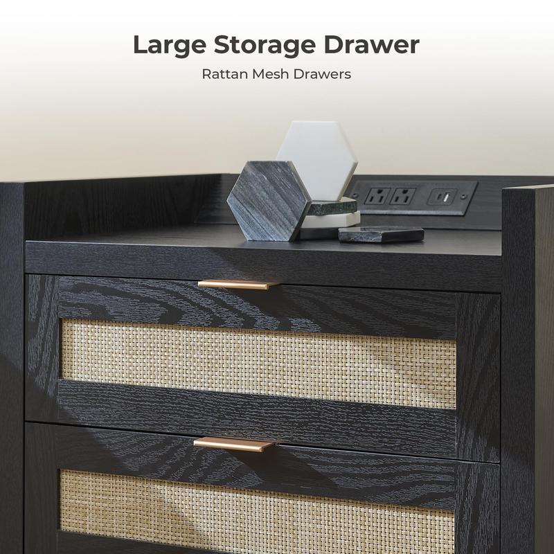SICOTAS Larger Rattan Night Stand - 15.4"D x 24.8"W x 26.5"H Nightstands with Type-C Charging Station, 3 Rattan Mesh Drawers, Usb port Boho Bedside Table End Table with Storage for Bedroom Sofa Couch Office, Robust and Stylish, Durable