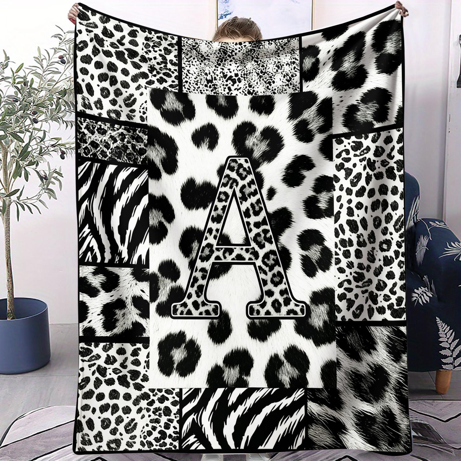 Custom Initial Animal Print Throw Blanket, Trendy Patchwork Visual Impact, Skin-friendly Breathable Lightweight, Perfect for Rental Bedroom Daily Use