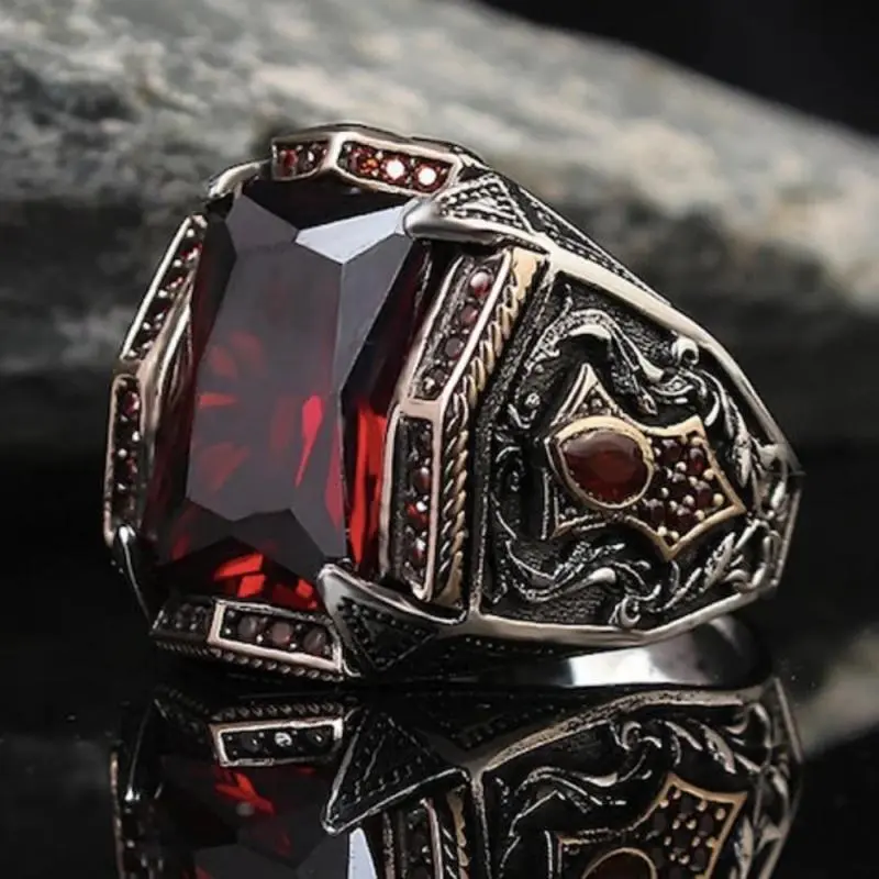 Retro Handmade Turkish Signet Ring for Men Vintage Silver Color Carving Pattern Inlay Green Zircon Party Punk Motor Biker Ring