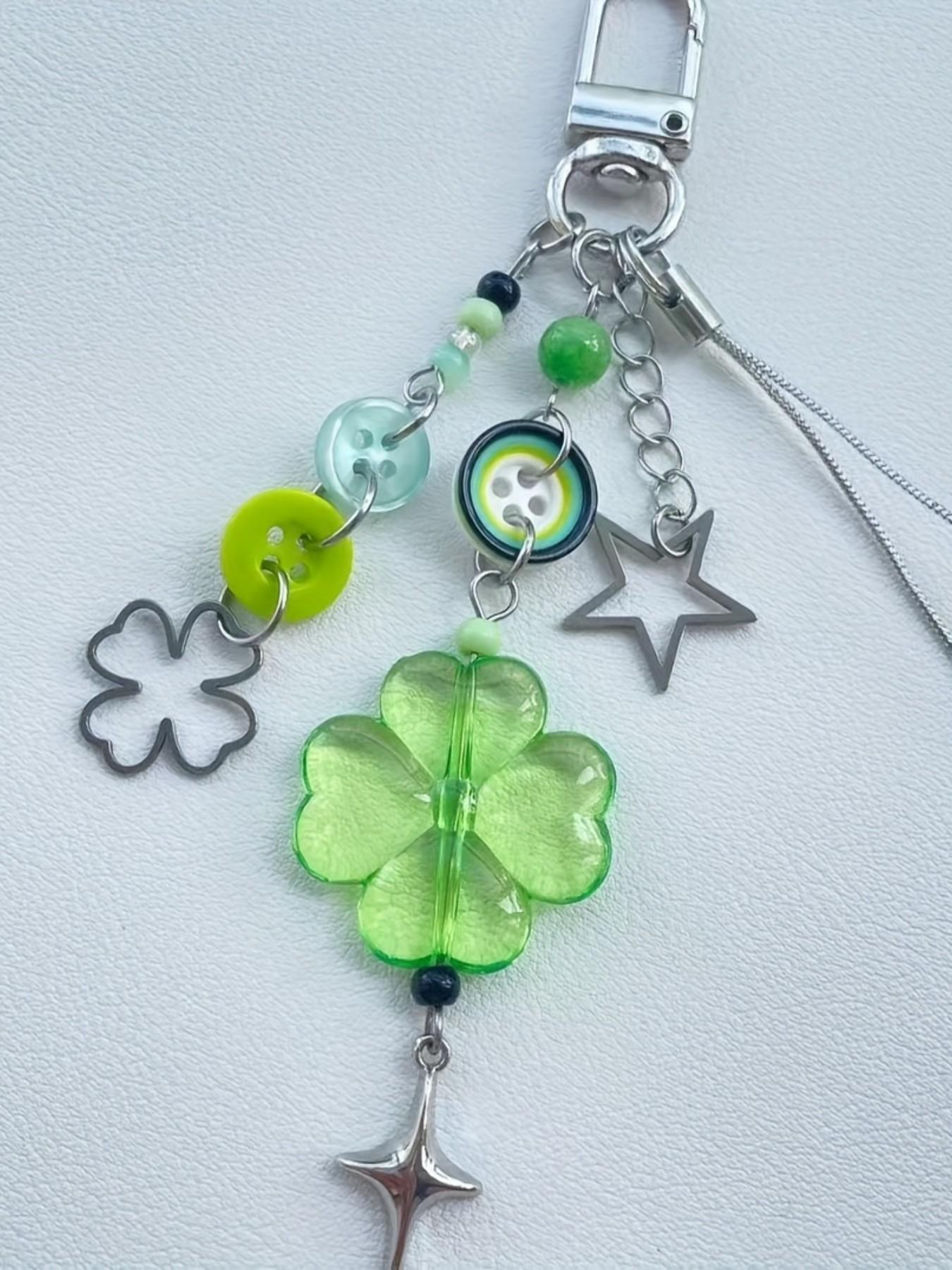 Lucky Clover Beaded Phone Strap, Handmade Transparent Flower Leaf Star Keychain, Soft Tone Design, Fashion Accessory, Fantasy Jewelry