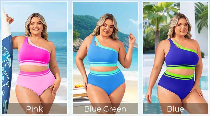 Aqua Eve Women Plus Size High Waisted Bikini One Shoulder Two Piece Swimsuit Color Block Bathing Suits