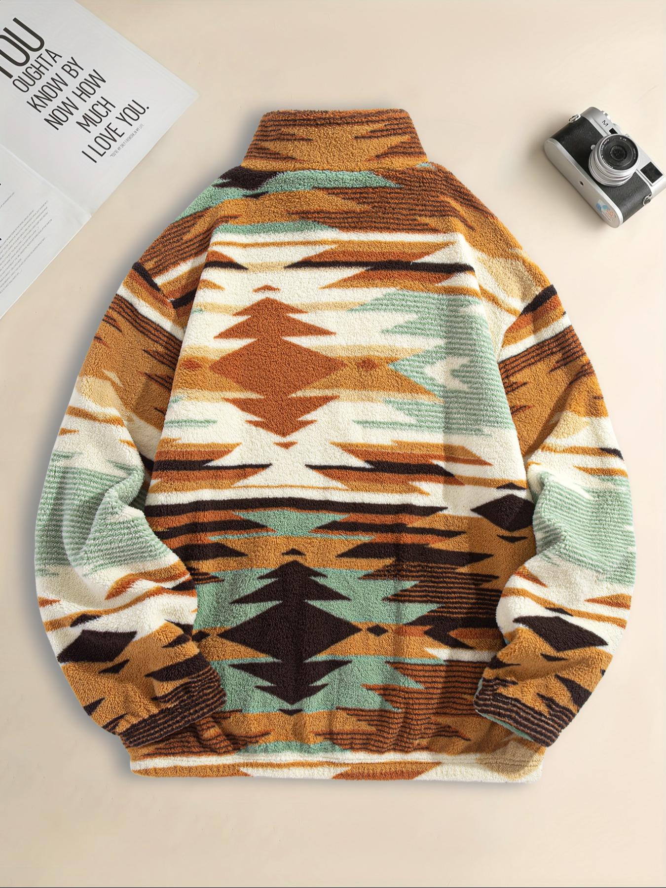 Men's Fleece Half-Zip Sweatshirt, Fall Winter Warm Casual Ethnic Long Sleeve Top, Comfortable Stylish Wear