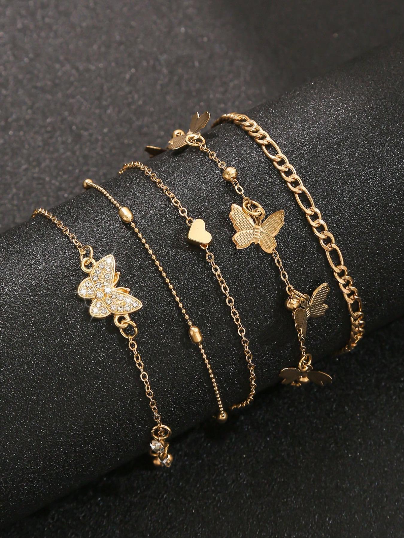 Set of 4 Boho Anklets for Women, Wearable Jewelry, Jewelry, Jewelry Accessories, Multi-Layer Beaded Anklet Set with Butterfly & Heart Designs, Embellished with Synthetic Diamonds, For Summer Holidays, Beach Parties & Bikini Outfits, Foot Jewelry