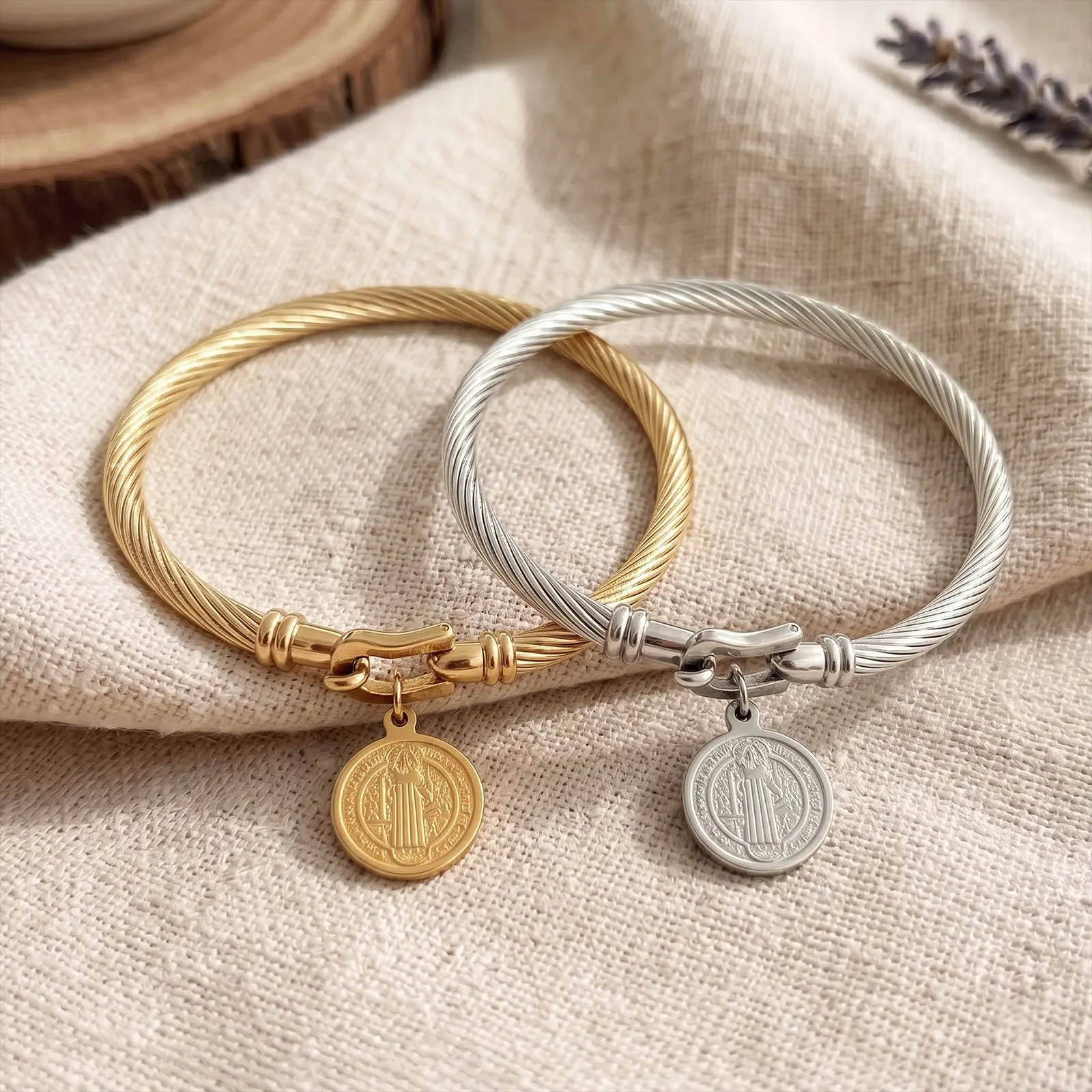 Boho Style St. Benedict Coin Pendant Twisted Cable Cuff Bracelet - Hook Clasp, Alloy Plastic, Protection Amulet, Boho Chic Outfits Accessory, Casual Wear Stacking Safe Vintage Jewelry