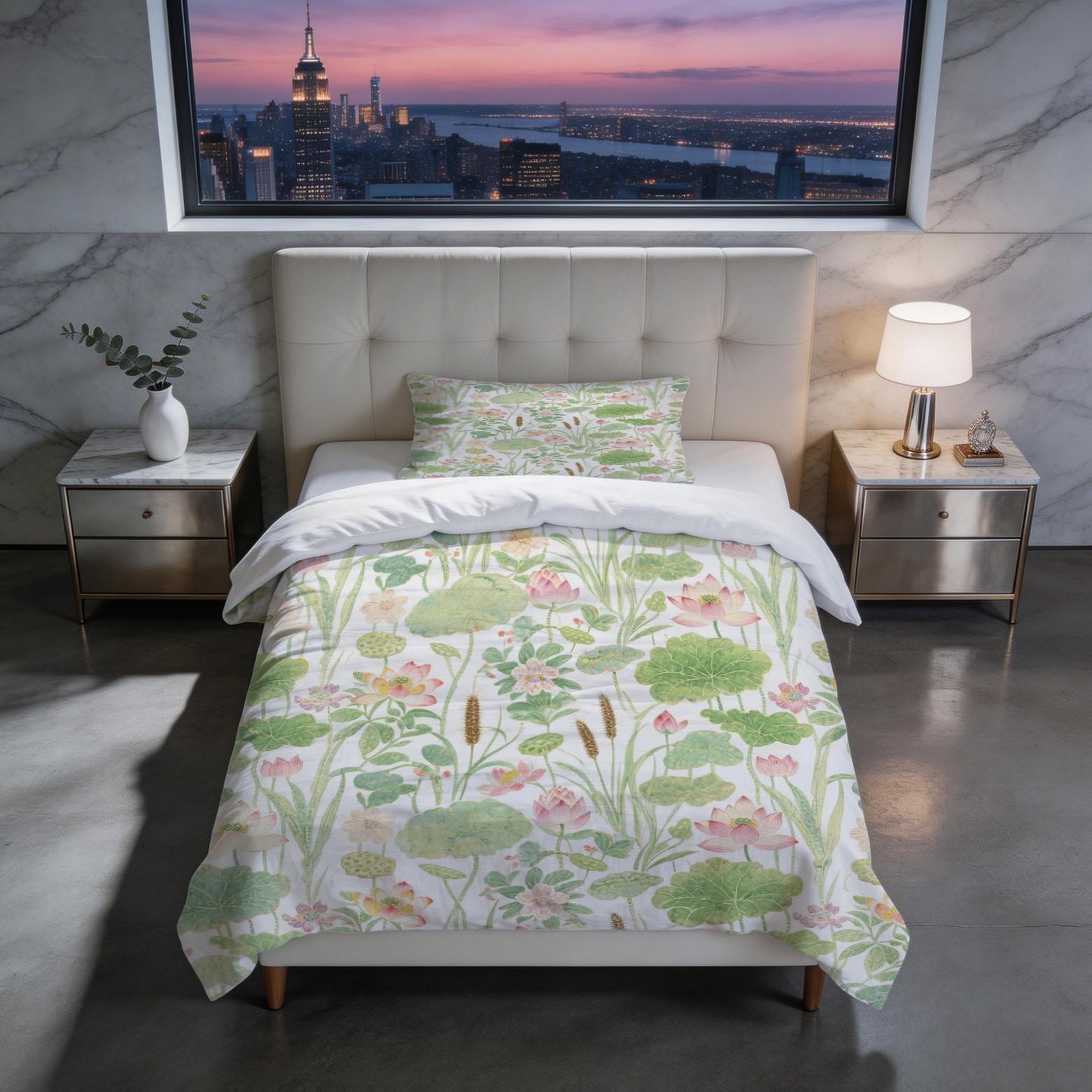 2/3 Piece Watercolor Lotus Pond Duvet Cover Set, HD Digital Printed Comforter Cover, Soft Breathable Bedding Set with Zipper Closure for Bedroom Home Decor (NoInsert)