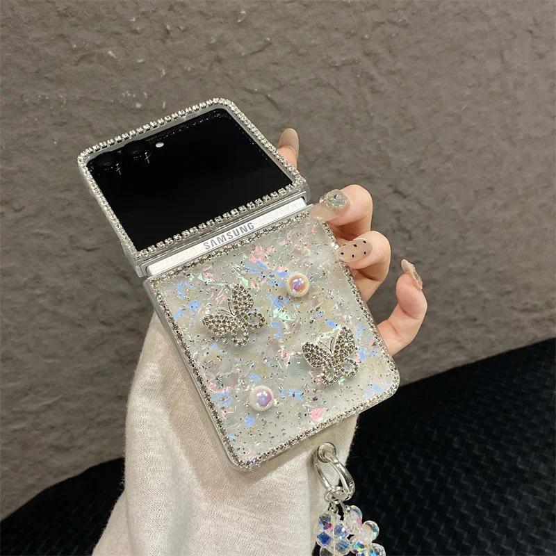 Luxury 3D Butterfly Diamond Shell Pattern Phone Case For Samsung Galaxy Z Flip 3 4 5 6 7 FE With Wrist Chain Shockproof Cover