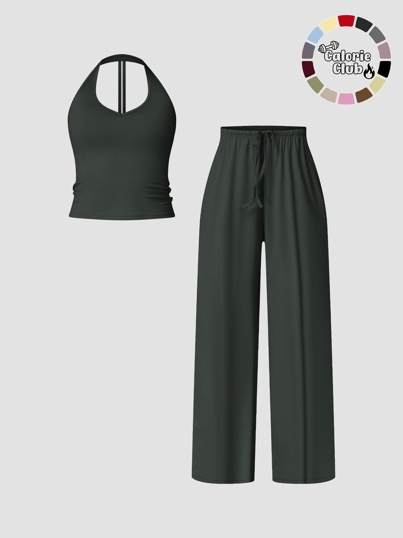 Women's Quick-Dry Sports Tank Top, Casual High-Waisted Bell Bottoms, Comfortable Sporty, All-Season Plain Style, Casual Sportswear Set, Casual Sportswear Outfit Women's Quick-Dry Sports Tank Top, Casual High-Waisted Bell Bottoms, Comfortable Sporty, All-Season Plain Style, Casual Sportswear Set, Casual Sportswear Outfit