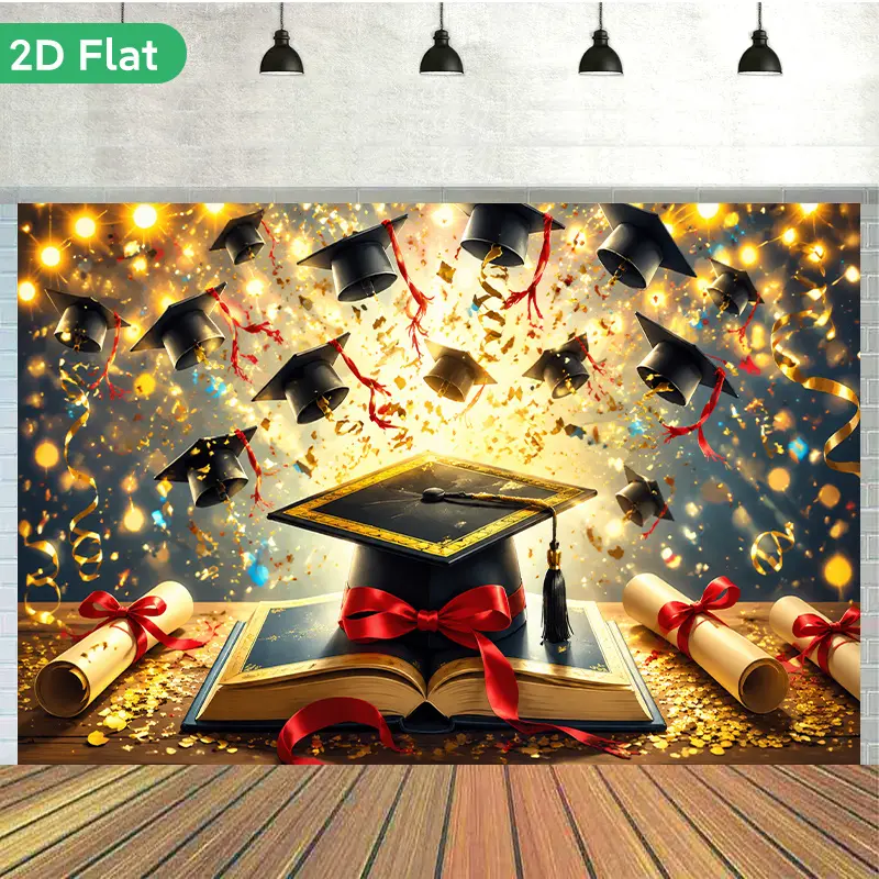 2D Flat Graduation Celebration Scene Backdrop Banner, Ethnic & Modern Mixed Colorful Grad Photo Background, Polyester Decor for Studio Wedding Christmas Birthday Private Garden Party