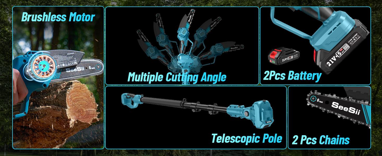 SeeSii 2-IN-1 Cordless Pole Saw & Mini Chainsaws, 6" Brushless Chain Saw with 2x 2.0Ah Battery, 16-Foot MAX Reach Brach Tree Saw with Extension Pole for Wood Cutting Garden CH600B  #TikTokShopBlackFriday