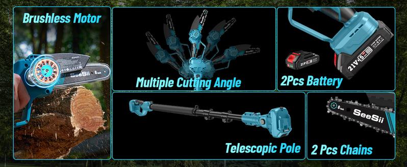 SeeSii 2-IN-1 Cordless Pole Saw & Mini Chainsaws, 6" Brushless Chain Saw with 2x 2.0Ah Battery, 16-Foot MAX Reach Brach Tree Saw with Extension Pole for Wood Cutting Garden CH600B  #TikTokShopBlackFriday