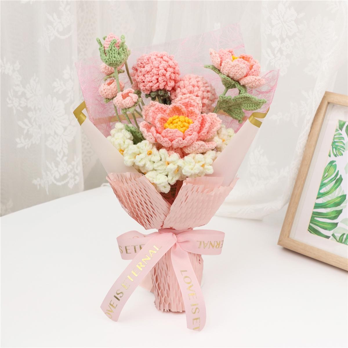 Handmade Knitted Flower Bouquet, Artificial Peony Fake Flowers, Mother's Day Valentine's Christmas Birthday Gift, Wedding Decoration, Artificial Mixed Flower