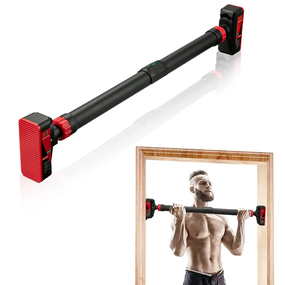 GARVEE Pull Up Bar for Doorway - Adjustable No Screws Chin Up Bar for Home Gym, 440 LBS Max Load, with Level Meter & Anti-Slip Design for Strength Training, Red