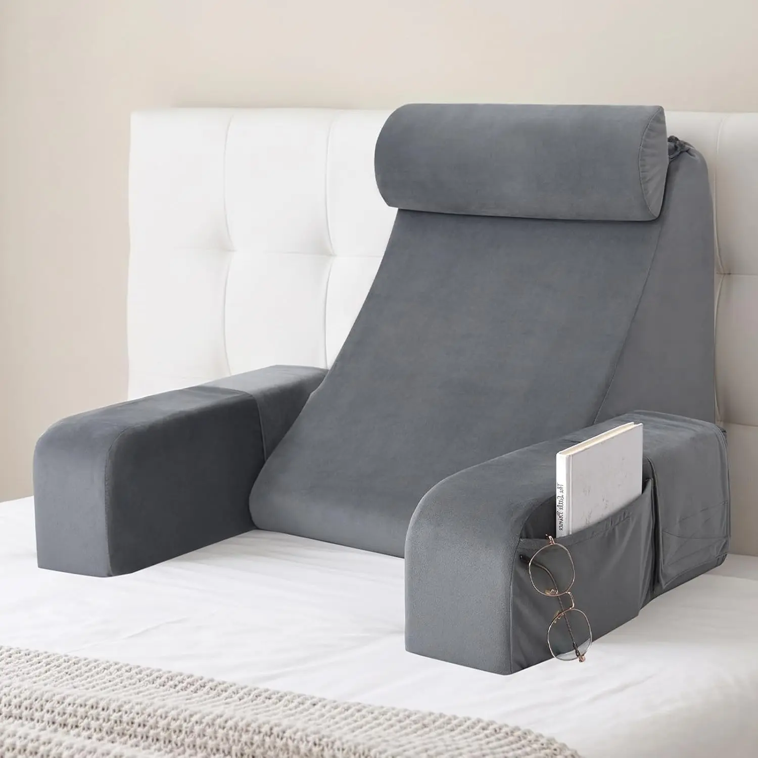 Back Pillow for Bed Sitting Up, Reading Pillow with Armrests & Big Pockets for Adults, Upright Pillow for Resting, Watching TV, Nursing, Recovery, Gaming, Grey