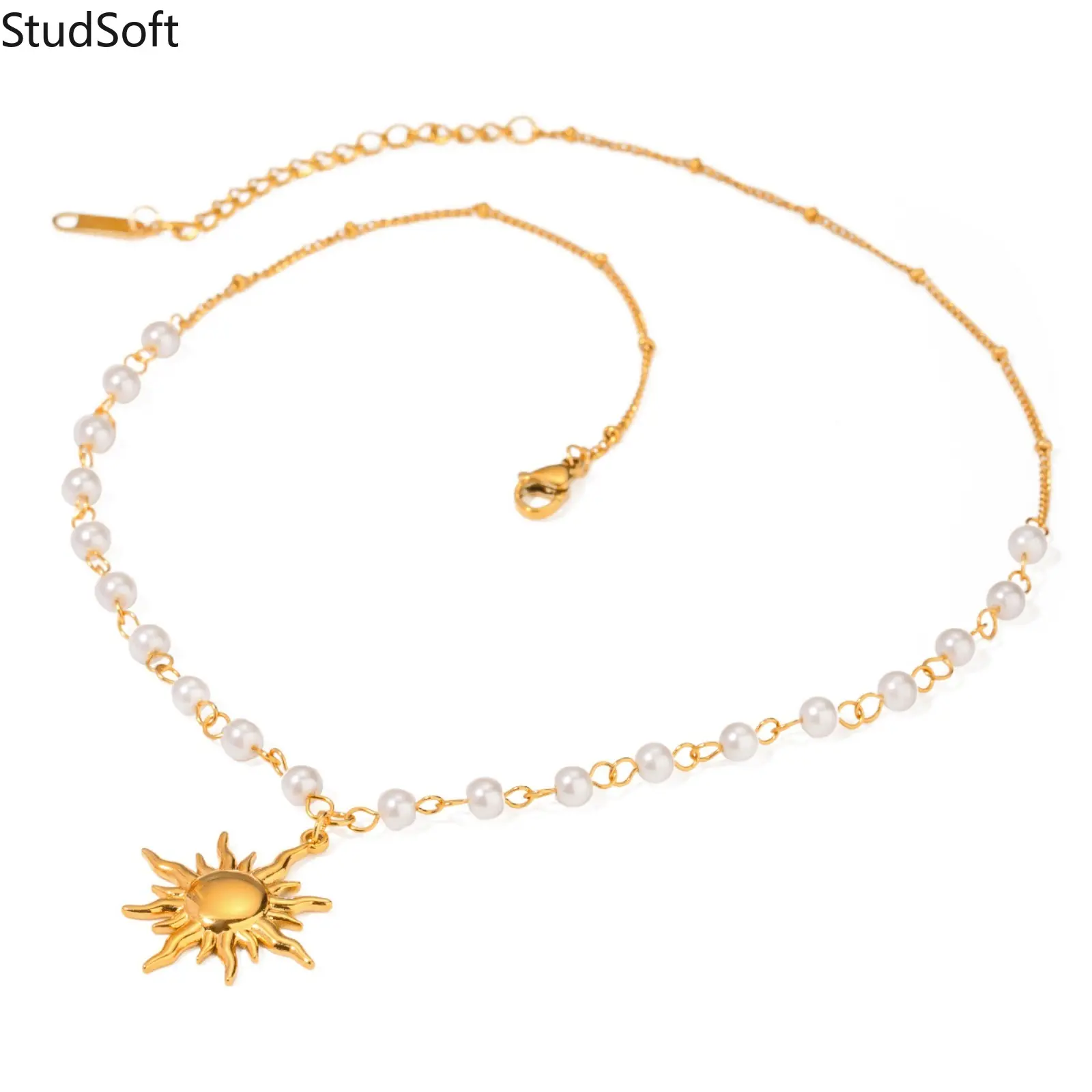 Minimalist 18K Gold Plated Sun Necklace for Women Celestial Pearl Beaded Chain Sunburst Pendant Choker Waterproof Stainless Steel Boho Beach Jewelry