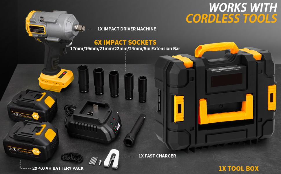 1200N.m Cordless Impact Wrench, 1/2" Brushless High Torque Impact Gun (855 Ft-lbs) with 2×4.0Ah Batteries, Fast Charger & 6 Sockets