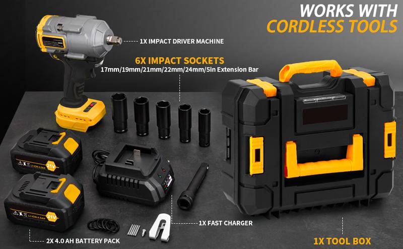 1200N.m Cordless Impact Wrench, 855Ft-lbs 1/2 inch Electric Impact Gun, High Torque Brushless Impact Wrench w/ 2x 4.0Ah Battery, Fast Charger & 6 Sockets Power Tools Lithium Drill Power Tools Lithium Drill