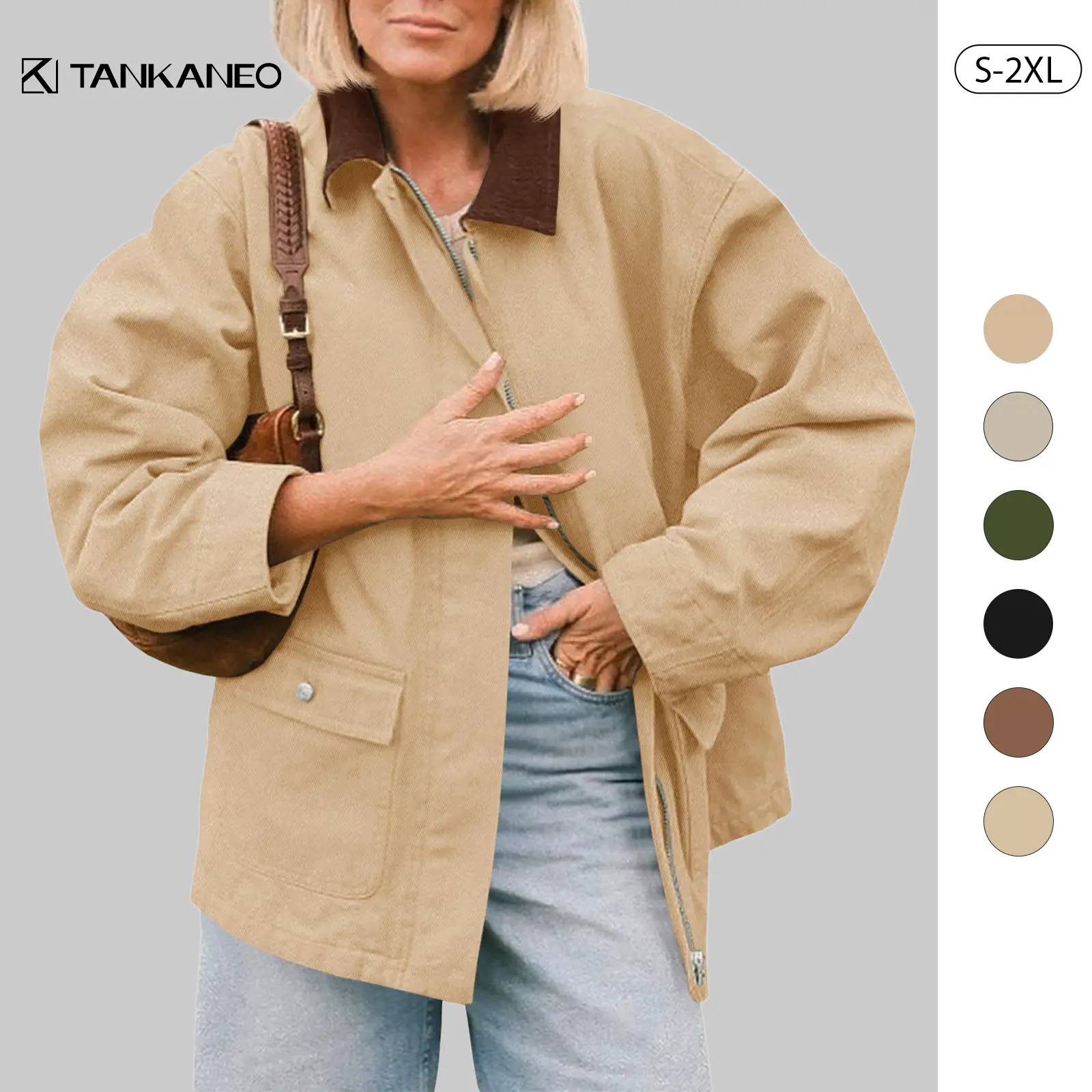 Tankaneo Women's Oversized Cotton-Poly Barn Jacket - Fall Safari Trench Coat, Color Block, Vintage, Zip Up, Lightweight, Loose-Fit, Multiple Pockets, Casual, Machine Washable, Daily Outdoor Clothes, Long Sleeve Tops