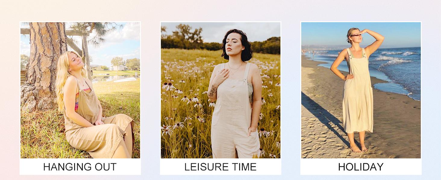 Naeduo Women's Summer Cotton Linen Bib Overalls Baggy Sleeveless Adjustable Wide Leg One Piece Jumpsuits