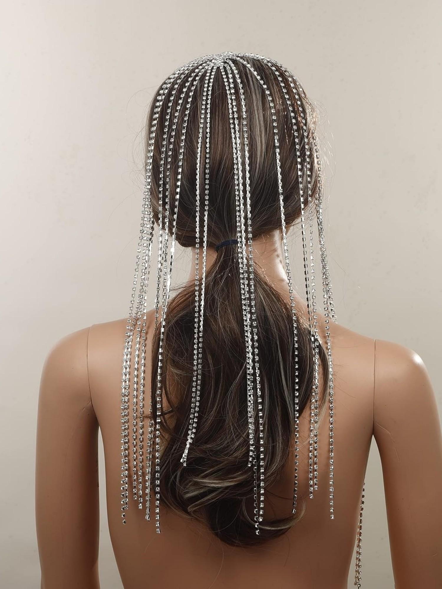 Elegant Silver Color Tennis Chain Headband with Rhinestones and Long Tassels, Crystal Hair Band for Wedding Bride Party Ball Gown