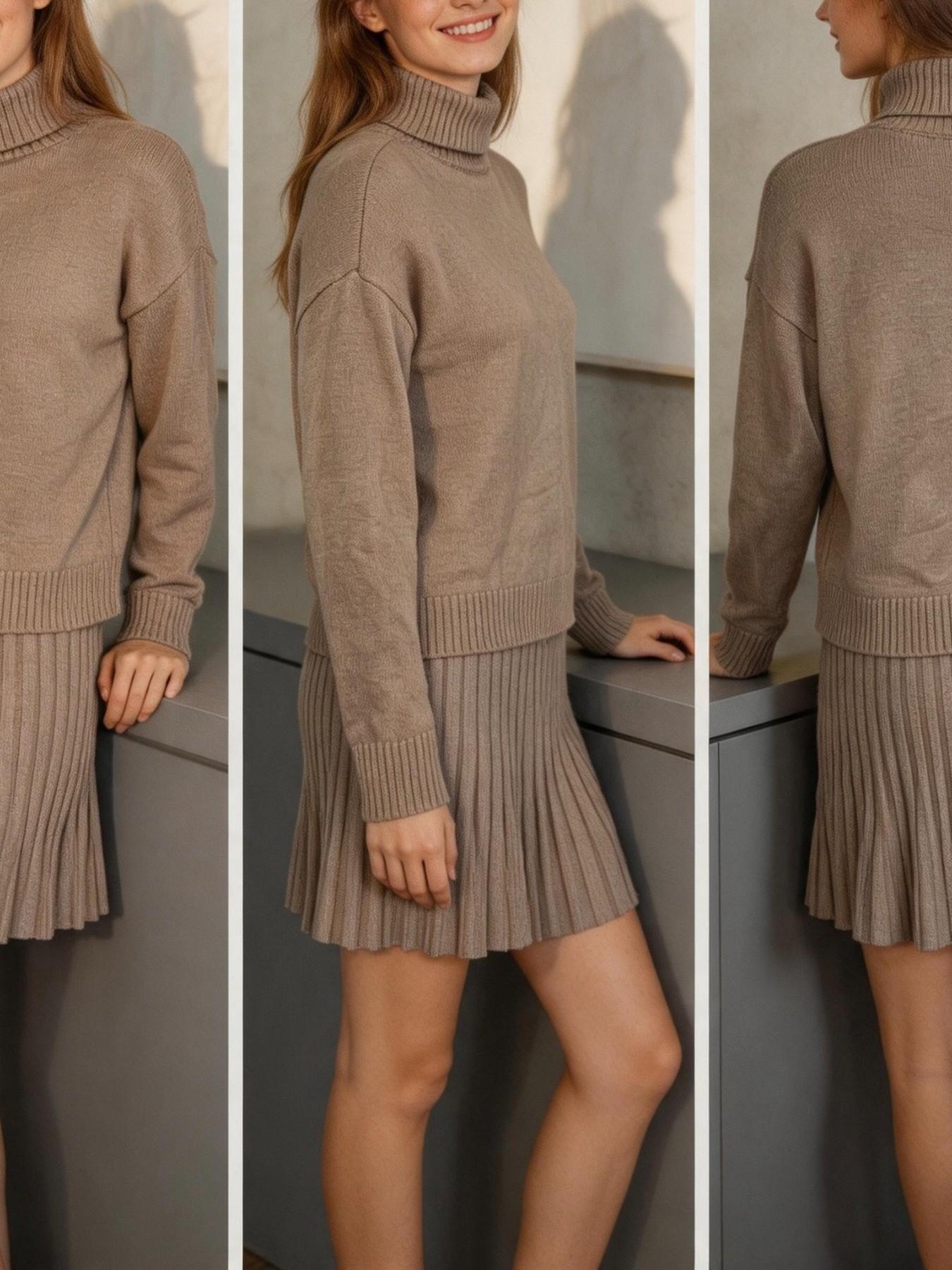 Oatmeal Color High Neck Knit Set for Women, Soft Cashmere Feel Sweater and Pleated High Waist Short Skirt Two-Piece, Cozy and Stylish
