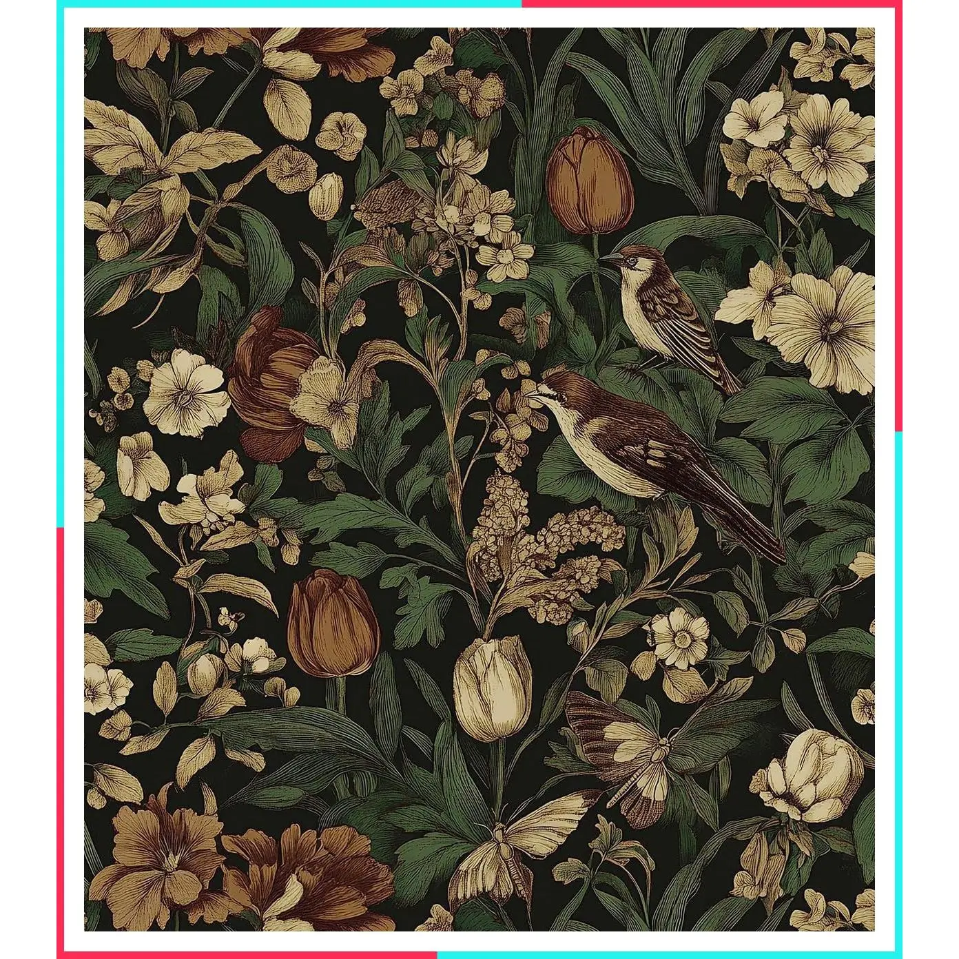Vintage Floral Peel and Stick Wallpaper Dark Floral and Birds