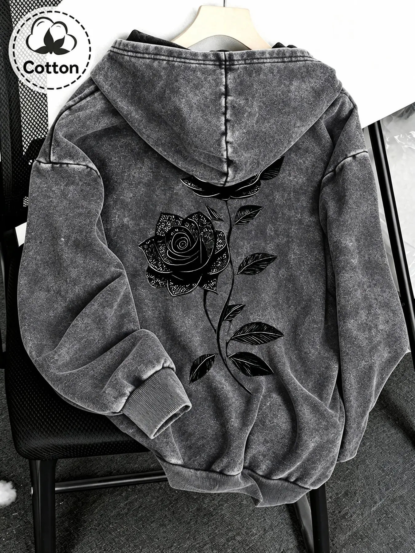 Men's Fitted Long Sleeve Casual Sweatshirt, Rose Print Hoodie, Cotton Blend, Spring & Fall Wear, Trendy Outerwear for Winter