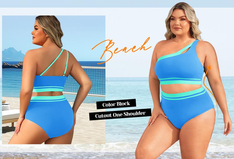 Aqua Eve Women Plus Size High Waisted Bikini One Shoulder Two Piece Swimsuit Color Block Bathing Suits