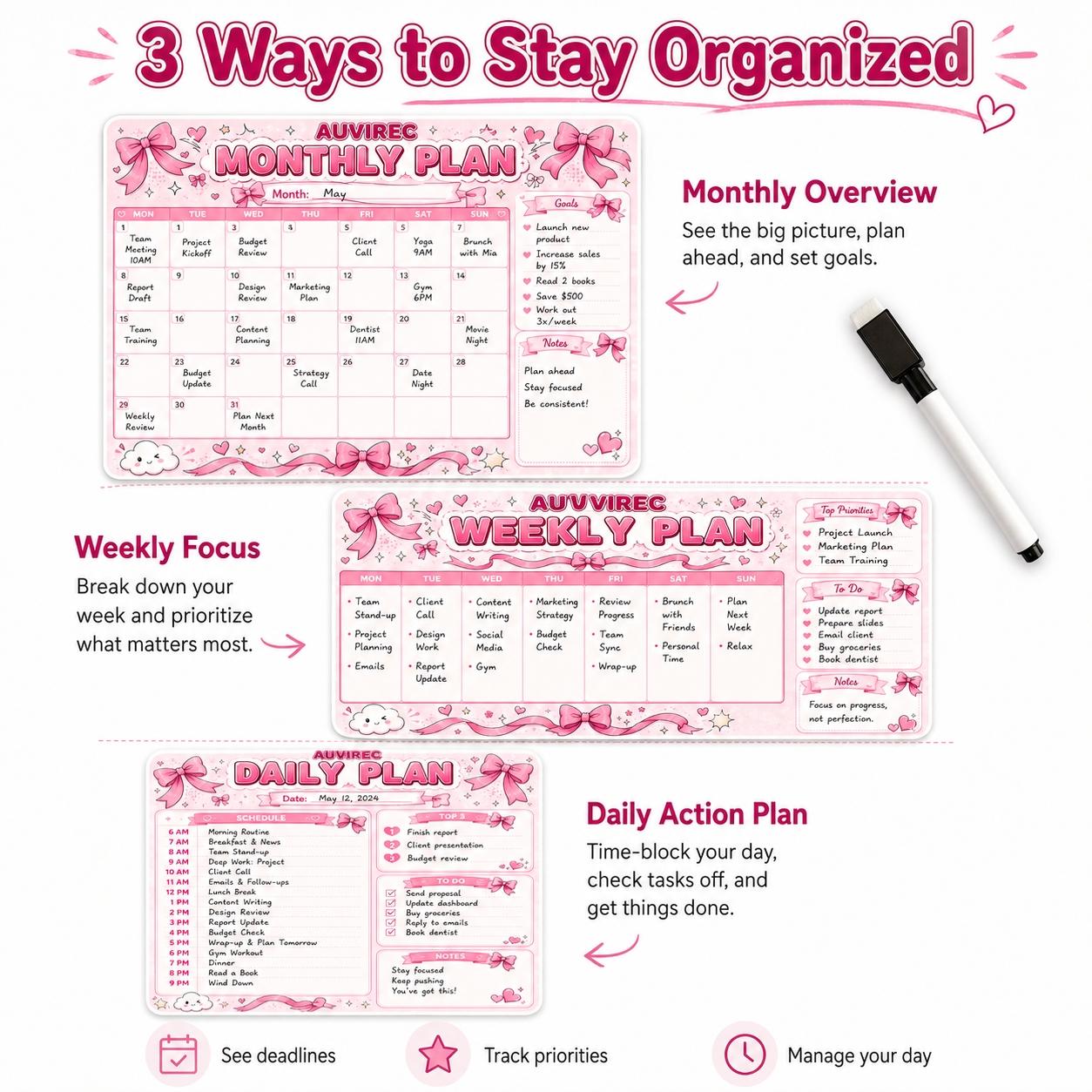 Auvirec 3-Piece Bow Pet Dry Erase Calendar Set, Reusable Family Schedule Board, Includes Marker, for Kitchen, Office, Refrigerator, Dry Erase Calendar for Fridge