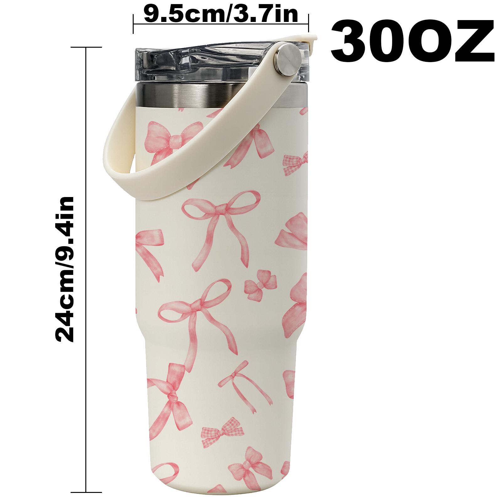 1 Pc 30oz skinny insulated mug, double wall thermal cup insulated thermos with leak-proof lid, pink bow style, hot cold drinks tumbler, gift for women, friends, birthday, Valentine’s Day, Christmas, keeps warm 12h cold 24h, cup for work school travel