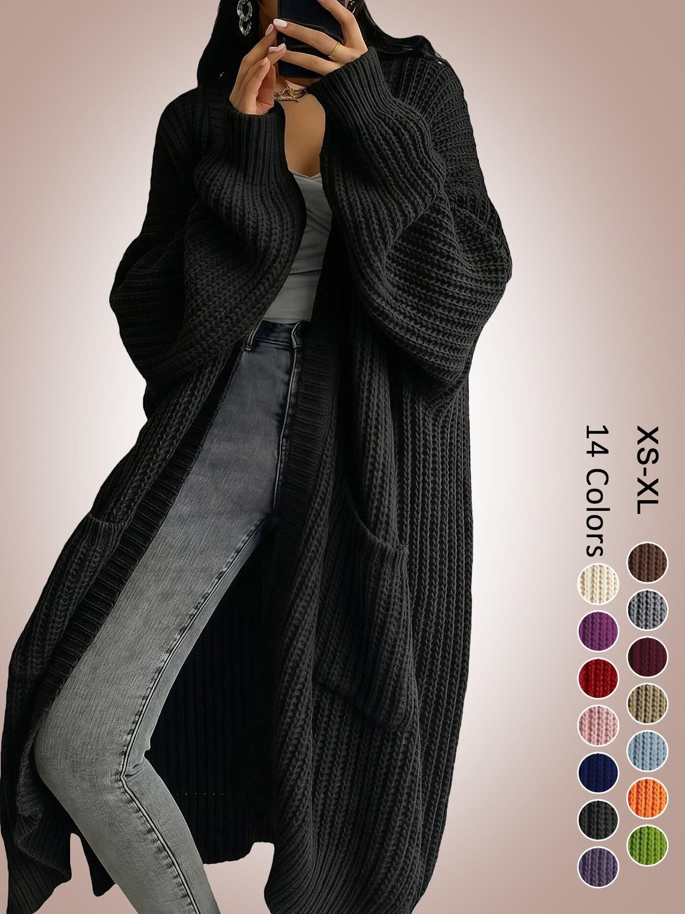 Women's Oversized Y2K Long Knit Cardigan, Ribbed Knit Fabric with Pockets, Loose Fit, Perfect for Spring, Fall and Winter, Casual Layering Outerwear