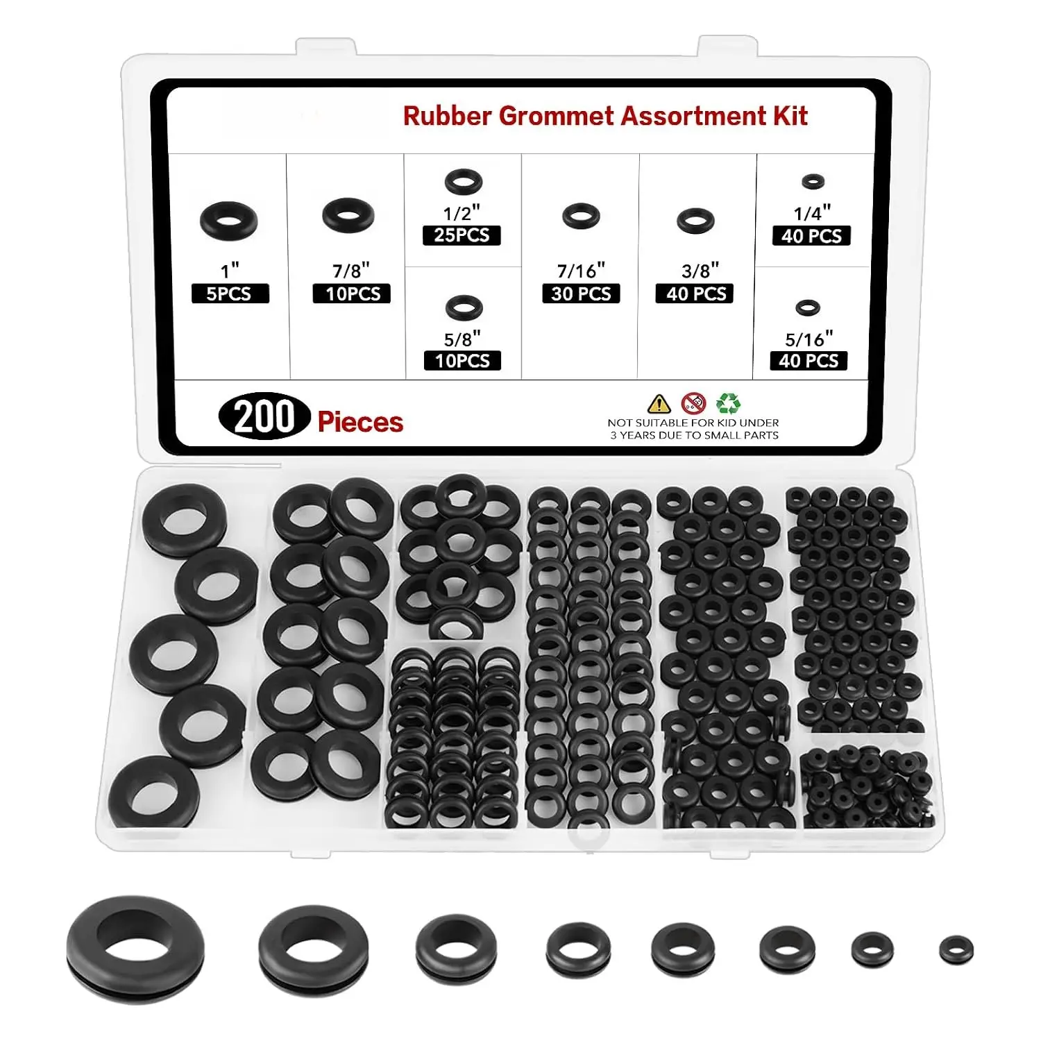 200 count Rubber Grommets Kit – 8 Sizes Firewall Rubber Hole Plugs , Rubber Grommets for Wiring, Automotive, Electrical,  DIY (1/4", 5/16", 3/8", 7/16", 1/2", 5/8", 7/8", 1")