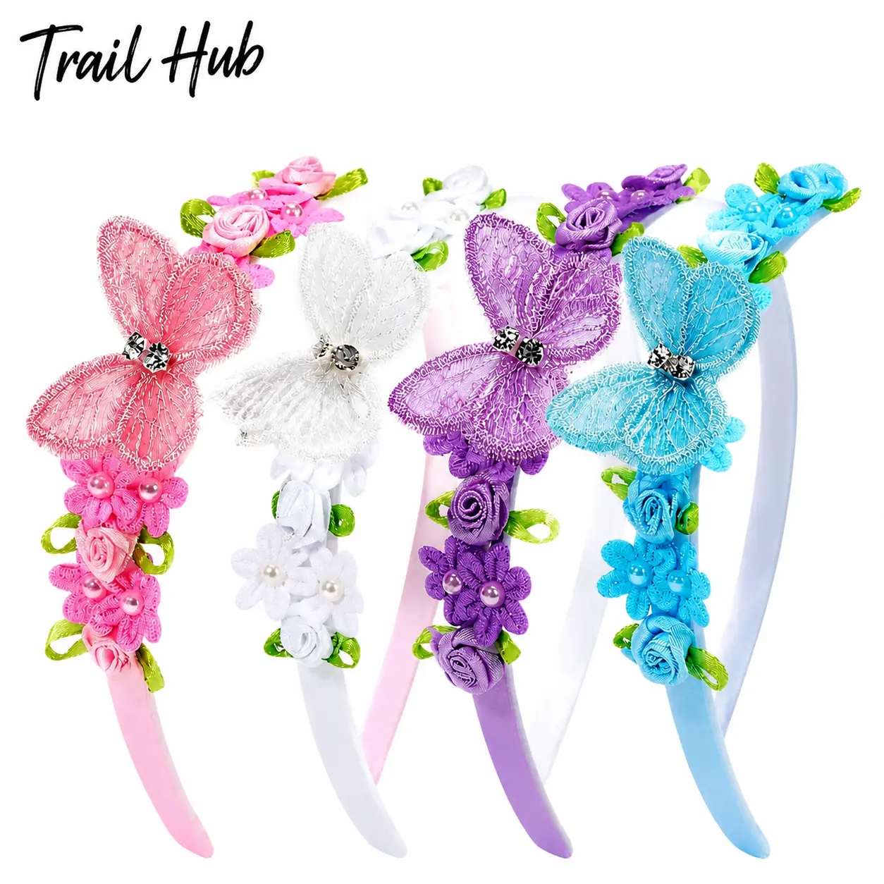 Elegant Handmade Girls’ Lace Butterfly Headband Featuring Soft Hemmed Cotton Fabric, Dainty Pearl Embellishments, and Subtle Floral Details – Lightweight, Comfort-Fit Hair Accessory Ideal for School, Everyday Wear, Playdates, and Special Occasions