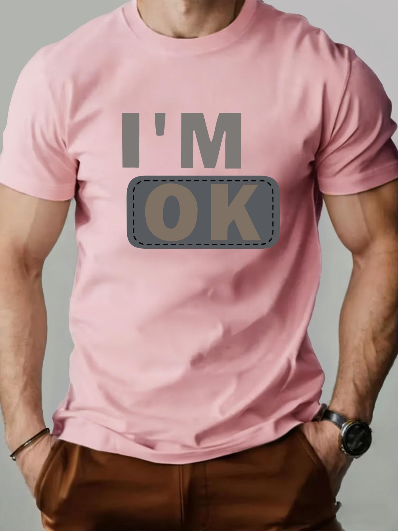 Men's Round Neck T-Shirt, Fashion I'm Ok Patch Design, Geometric Print, Retro Style, Long Sleeve, Casual Wear, Perfect Gift