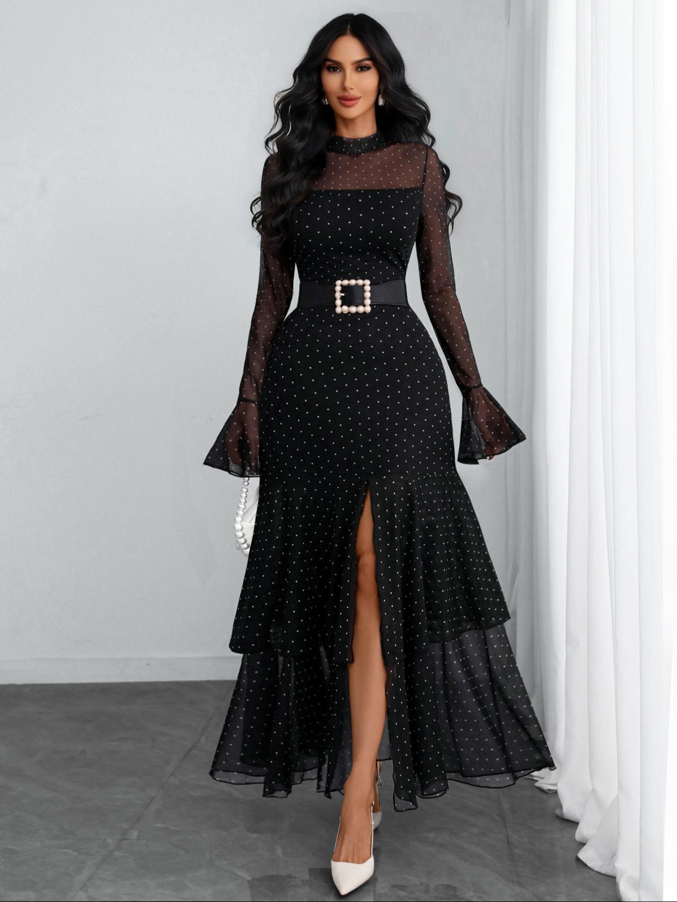 Women's Romantic Polka Dot Split Mesh Patchwork Layered Elegant Flared Skirt Dress, Fitted Style, All Seasons, No Waistband Included