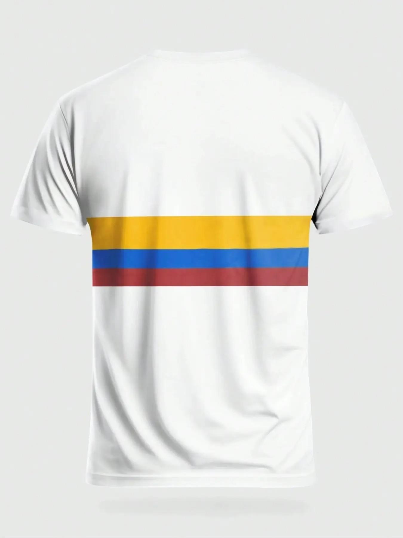 Men's Columbia Flag Striped Print T-Shirt, Blue National Pride Round Neck Short Sleeve Top, Sporty Loose-Fit All-Season Clothing