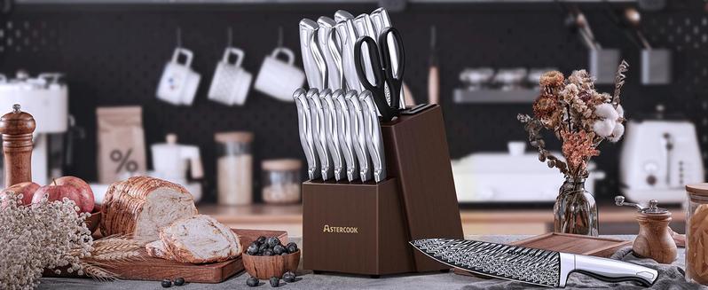 Astercook Knife Set, 14 Pieces Kitchen Knife Block Set with Built in Knife Sharpener Block, Dishwasher Safe, German Stainless Steel, Best Gift, Silver Wood Steak Wooden Astercook Knife Set, 14 Pieces Kitchen Knife Block Set with Built in Knife Sharpener Block, Dishwasher Safe, German Stainless Steel, Best Gift, Silver Wood Steak Wooden
